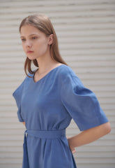 Linen Midi Dress With V-Neckline, Belted Waist, And Relaxed Half Sleeves For Modern Elegance