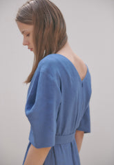 Linen Midi Dress With V-Neckline, Belted Waist, And Relaxed Half Sleeves For Modern Elegance