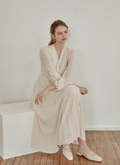 Pleated V-Neck Midi Dress in Lightweight Linen with Long Sleeves and Flattering Wrap Silhouette