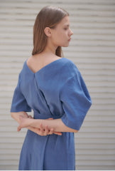 Linen Midi Dress With V-Neckline, Belted Waist, And Relaxed Half Sleeves For Modern Elegance