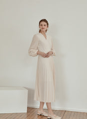 Pleated V-Neck Midi Dress in Lightweight Linen with Long Sleeves and Flattering Wrap Silhouette