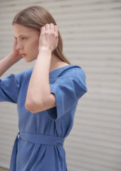 Linen Midi Dress With V-Neckline, Belted Waist, And Relaxed Half Sleeves For Modern Elegance