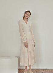 Pleated V-Neck Midi Dress in Lightweight Linen with Long Sleeves and Flattering Wrap Silhouette