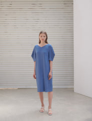 Linen Midi Dress With V-Neckline, Belted Waist, And Relaxed Half Sleeves For Modern Elegance