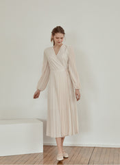 Pleated V-Neck Midi Dress in Lightweight Linen with Long Sleeves and Flattering Wrap Silhouette