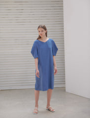 Linen Midi Dress With V-Neckline, Belted Waist, And Relaxed Half Sleeves For Modern Elegance