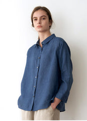 Relaxed Fit Button-Up Women's Linen Shirt with Drawstring Sleeves and Classic Collar