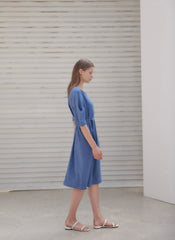 Linen Midi Dress With V-Neckline, Belted Waist, And Relaxed Half Sleeves For Modern Elegance