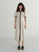 Button-Front Linen Mini Dress with Ruffle Sleeves and Oversized Collar