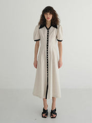 Button-Front Linen Mini Dress with Ruffle Sleeves and Oversized Collar