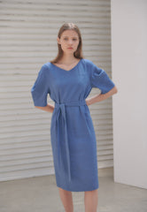 Linen Midi Dress With V-Neckline, Belted Waist, And Relaxed Half Sleeves For Modern Elegance