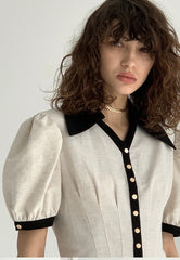 Button-Front Linen Mini Dress with Ruffle Sleeves and Oversized Collar