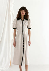 Button-Front Linen Mini Dress with Ruffle Sleeves and Oversized Collar