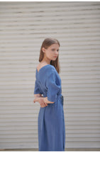 Linen Midi Dress With V-Neckline, Belted Waist, And Relaxed Half Sleeves For Modern Elegance