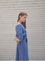 Linen Midi Dress With V-Neckline, Belted Waist, And Relaxed Half Sleeves For Modern Elegance