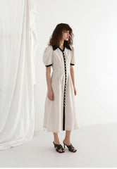 Button-Front Linen Mini Dress with Ruffle Sleeves and Oversized Collar