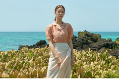 High-Waisted Wrap-Style Midi Skirt in Breathable Linen Fabric With Front Tie and Elegant Drape