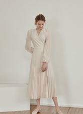Pleated V-Neck Midi Dress in Lightweight Linen with Long Sleeves and Flattering Wrap Silhouette