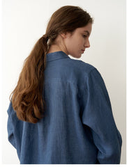 Relaxed Fit Button-Up Women's Linen Shirt with Drawstring Sleeves and Classic Collar