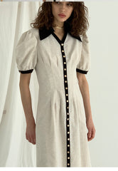 Button-Front Linen Mini Dress with Ruffle Sleeves and Oversized Collar