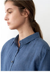 Relaxed Fit Button-Up Women's Linen Shirt with Drawstring Sleeves and Classic Collar