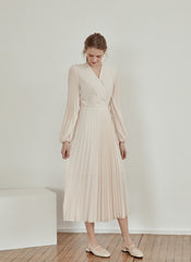 Pleated V-Neck Midi Dress in Lightweight Linen with Long Sleeves and Flattering Wrap Silhouette