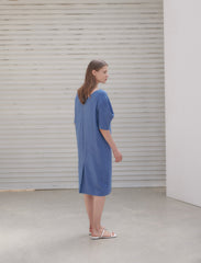 Linen Midi Dress With V-Neckline, Belted Waist, And Relaxed Half Sleeves For Modern Elegance