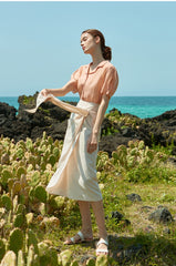 High-Waisted Wrap-Style Midi Skirt in Breathable Linen Fabric With Front Tie and Elegant Drape