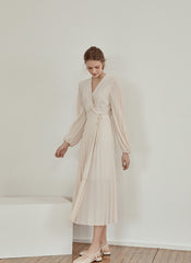 Pleated V-Neck Midi Dress in Lightweight Linen with Long Sleeves and Flattering Wrap Silhouette