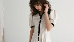 Button-Front Linen Mini Dress with Ruffle Sleeves and Oversized Collar
