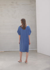 Linen Midi Dress With V-Neckline, Belted Waist, And Relaxed Half Sleeves For Modern Elegance