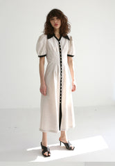 Button-Front Linen Mini Dress with Ruffle Sleeves and Oversized Collar