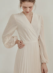 Pleated V-Neck Midi Dress in Lightweight Linen with Long Sleeves and Flattering Wrap Silhouette