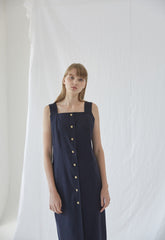 Sleeveless Linen Midi Dress With Front Button Closure And Square Neckline For Modern Minimalism