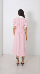 Linen Midi Dress With Contrast Collar and Puff Sleeves Button-Front Detail
