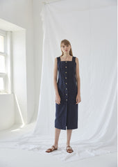 Sleeveless Linen Midi Dress With Front Button Closure And Square Neckline For Modern Minimalism