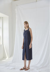 Sleeveless Linen Midi Dress With Front Button Closure And Square Neckline For Modern Minimalism