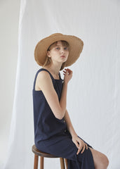 Sleeveless Linen Midi Dress With Front Button Closure And Square Neckline For Modern Minimalism