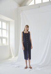 Sleeveless Linen Midi Dress With Front Button Closure And Square Neckline For Modern Minimalism