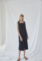 Sleeveless Linen Midi Dress With Front Button Closure And Square Neckline For Modern Minimalism