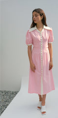 Linen Midi Dress With Contrast Collar and Puff Sleeves Button-Front Detail