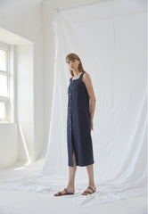 Sleeveless Linen Midi Dress With Front Button Closure And Square Neckline For Modern Minimalism