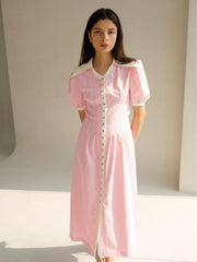 Linen Midi Dress With Contrast Collar and Puff Sleeves Button-Front Detail