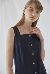 Sleeveless Linen Midi Dress With Front Button Closure And Square Neckline For Modern Minimalism