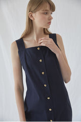 Sleeveless Linen Midi Dress With Front Button Closure And Square Neckline For Modern Minimalism