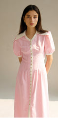 Linen Midi Dress With Contrast Collar and Puff Sleeves Button-Front Detail