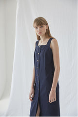 Sleeveless Linen Midi Dress With Front Button Closure And Square Neckline For Modern Minimalism
