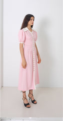 Linen Midi Dress With Contrast Collar and Puff Sleeves Button-Front Detail