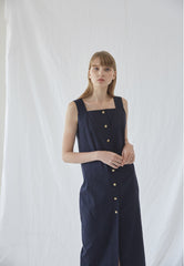 Sleeveless Linen Midi Dress With Front Button Closure And Square Neckline For Modern Minimalism