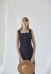 Sleeveless Linen Midi Dress With Front Button Closure And Square Neckline For Modern Minimalism